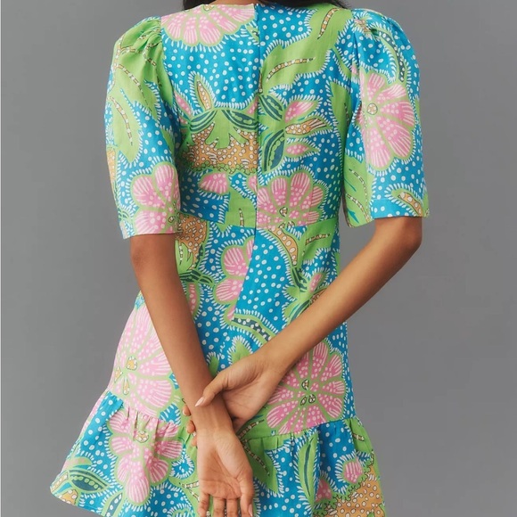 Anthropologie Rhode Mariana Linen Dress Blue Psychedelic Flower Grande Sz 10 NEW - Picture 3 of 14